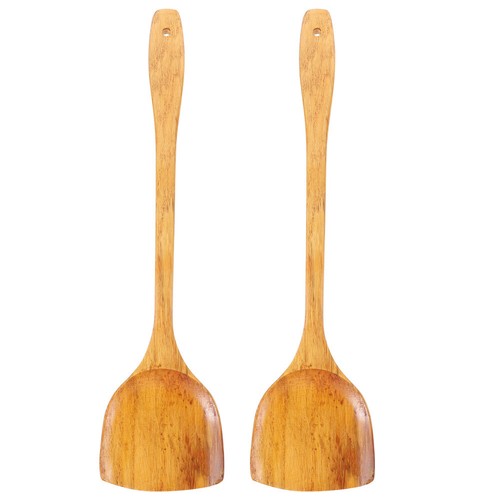 2 Pcs Extra Long Bbq Soup Tools Paella Spoon Wooden Frying Utensil Spatula