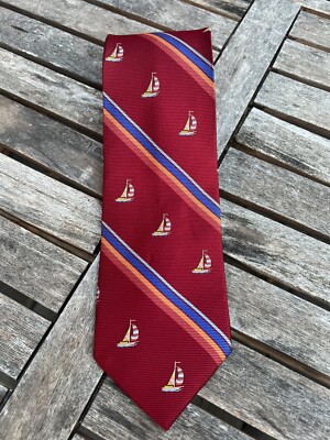 Brooks Brothers Makers & Merchants Woven Silk Tie. Red Blue Stripes w Sailboats