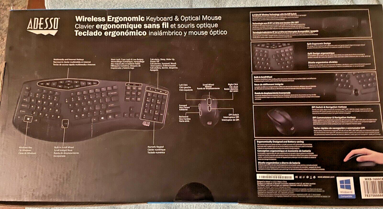 Adesso TruForm Media 1600 - Wireless Ergonomic Keyboard - Optical Mouse - Black