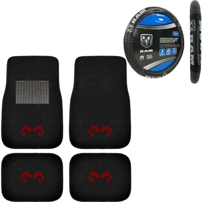 NEW 5PC RAM Car Truck Black Carpet Floor Mats Steering Wheel Cover Set
