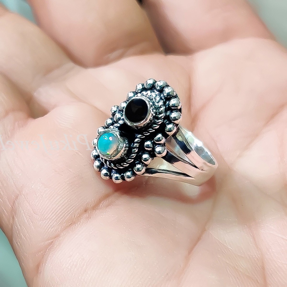 Black Onyx With Opal Gemstone 925 Sterling Silver Handwork Ring