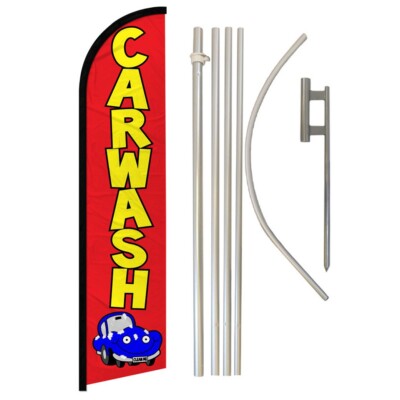 Car Wash Full Curve Windless Swooper Flag & Pole Kit Carwash Flag RED