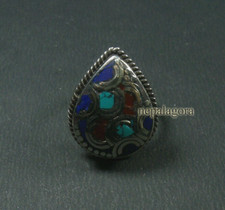 R15 Handmade size 9 Turquoise Coral Resin Tibetan Silver Adjustable Ring Nepal