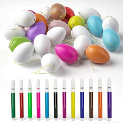 24 x Ostereier Malset 12 bunte & 12 weiße Kunststoffeier mit Stiften