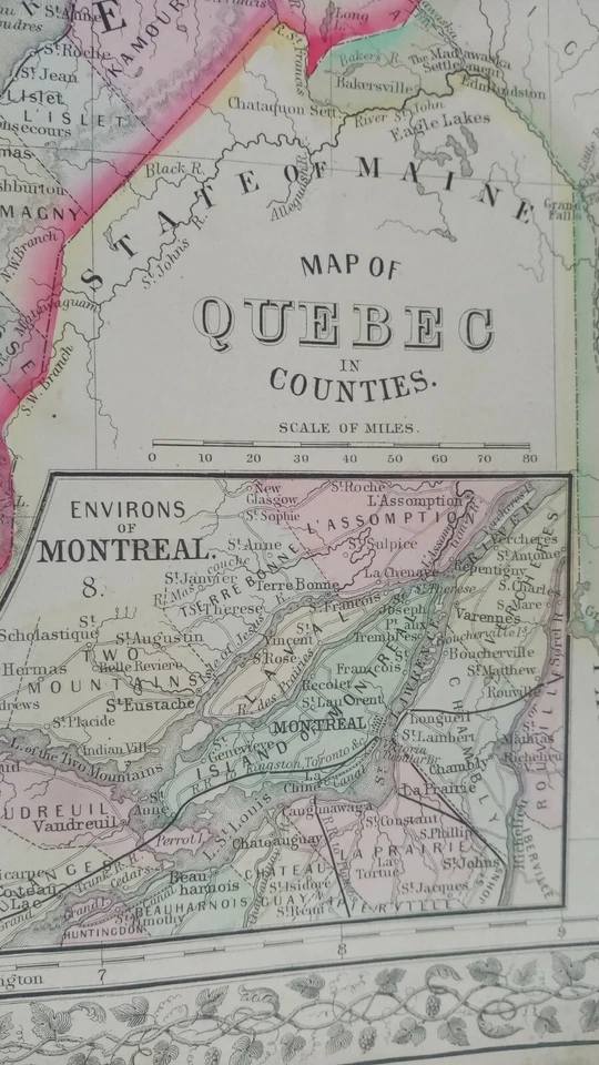Mapa antiguo de los hermanos Mitchell de Quebec y Montreal de 1867 grabado a mano Foto 3 de 4