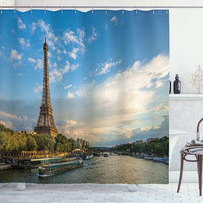 View Eiffel Tower and Boats on Seine River Cloudy Sky Scenery Shower Curtain Set