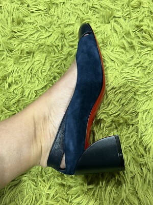 CHRISTIAN LOUBOUTIN Miss Duvette 55 Block Heel Cap Toe Pumps Navy