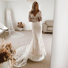 Boho Lace Mermaid Wedding Dresses Long Sleeve Chapel Train V Neck Bridal Gowns