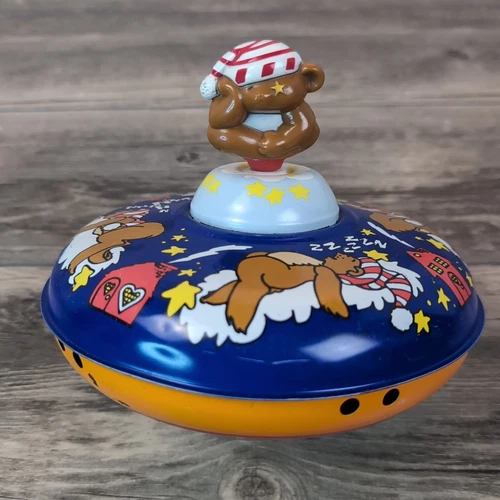 Vintage Push Spinning Top Ohio Art Sleepy Teddy Top USA Kids Toy Tin