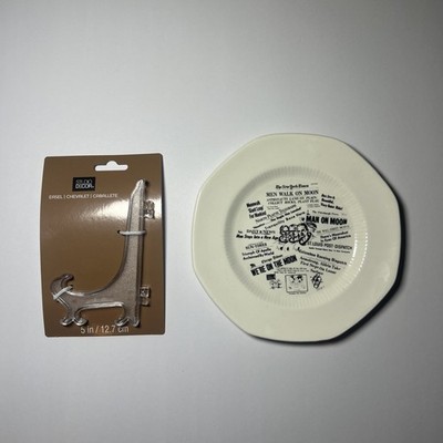 Apollo 11 Moon Landing Vtg Commemorative Soft Square Plate Headline USA W Stand