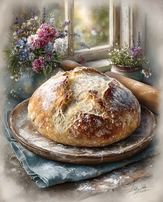8x10 Cozy Storybook Plate of Bread on Table with Flowers Art Print - 549254890