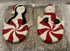 Russ Christmas Spoon Rests Snowman And Penguin With Peppermints In Boxes