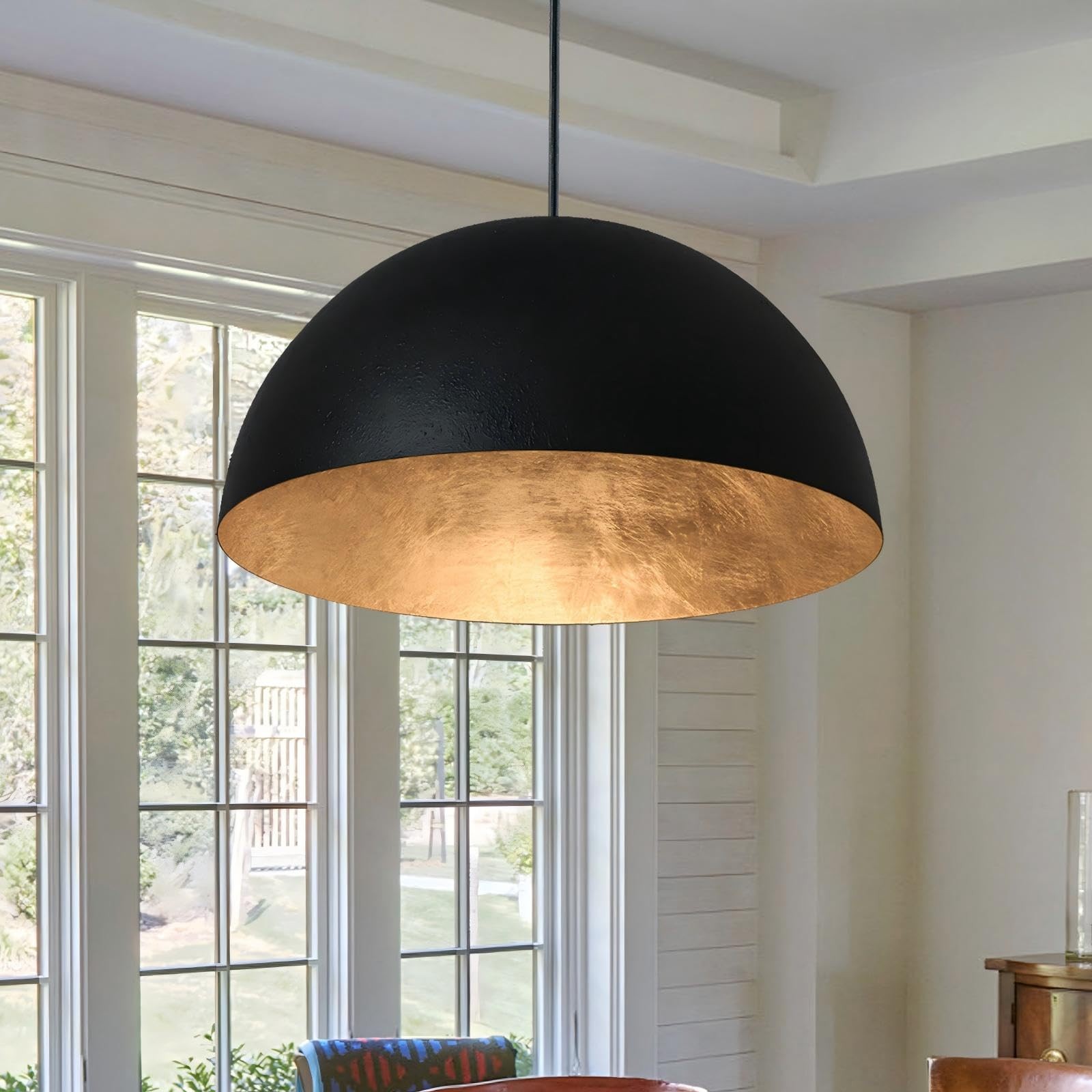 15 Inch Black and Gold Leaf Pendant Light, Grainy Matte Black Dome Chandelier...