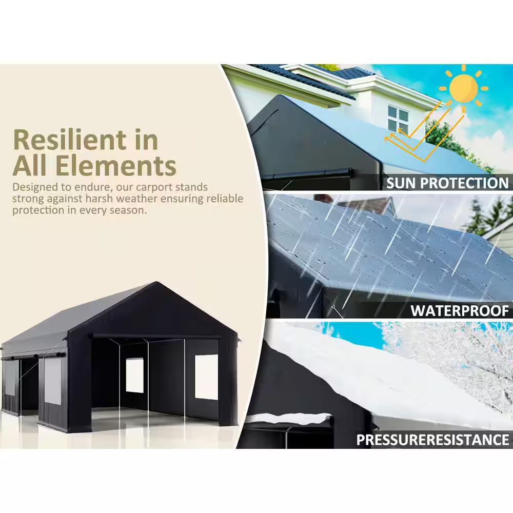 12 Ft. X 20 Ft. Heavy-Duty Portable Carport with Side-Opening Door, Roll-Up Wind