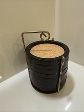 Mid-century Modern Black and Cork Coaster Set with A Brass-tone Holder. Vintage