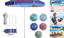 6ft Beach Umbrella - Heavy Duty Wind Resistant UV 50 Portable Blue color strip