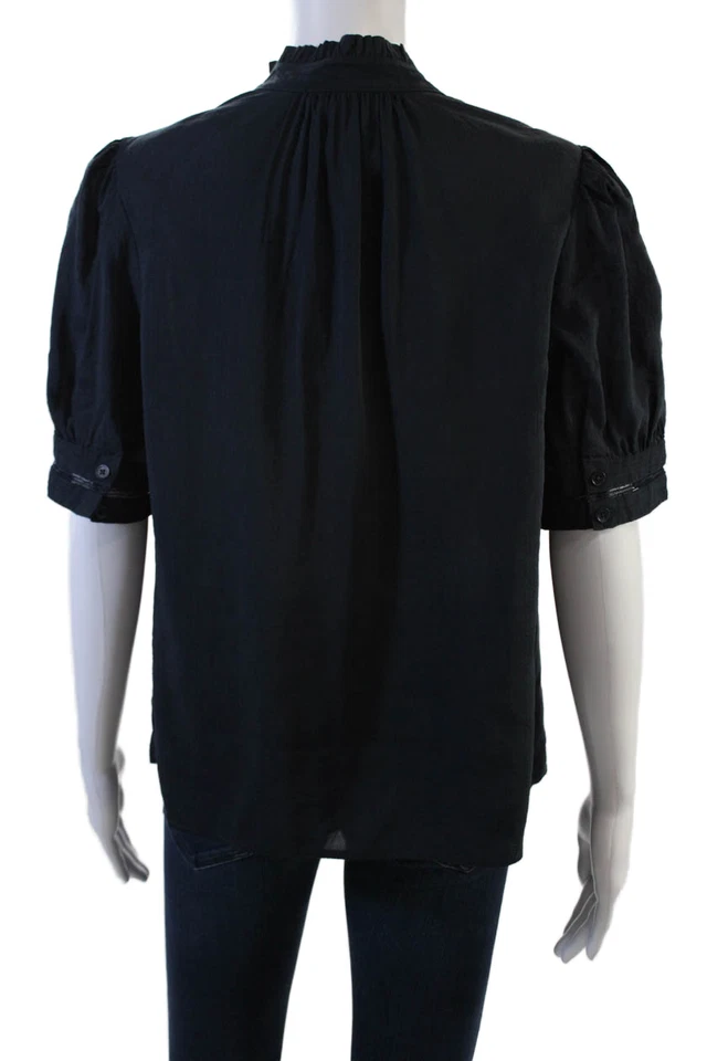 Camisa Top Mujer Manga Corta Ojo de Cerradura Lino Azul Marino Talla Mediana Foto 3 de 4