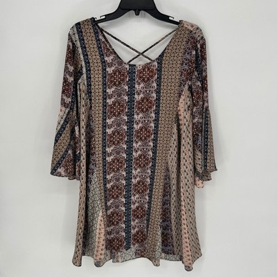Umgee USA Boho Patchwork Print Bell Sleeve Dress Size Small Festival Gypsy