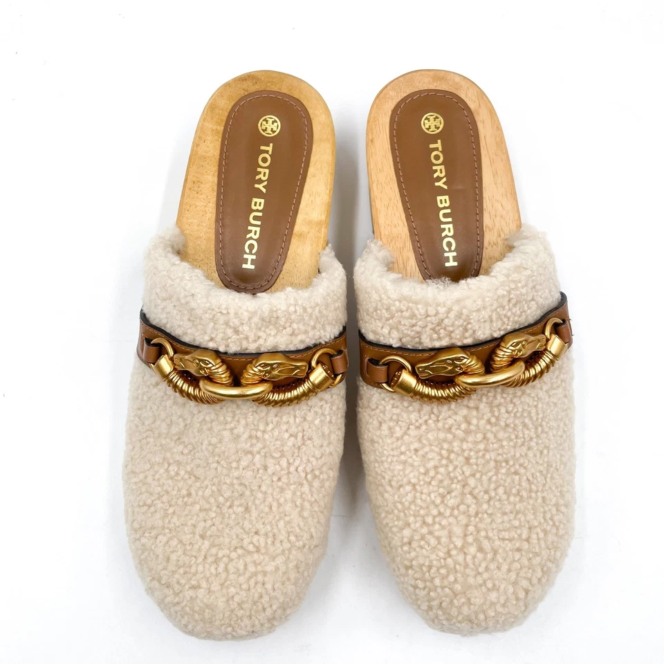 Zuecos Tory Burch Jessa piel de oveja beige tacón de madera mula dorado mordida de caballo talla 9,5 Foto 2 de 4