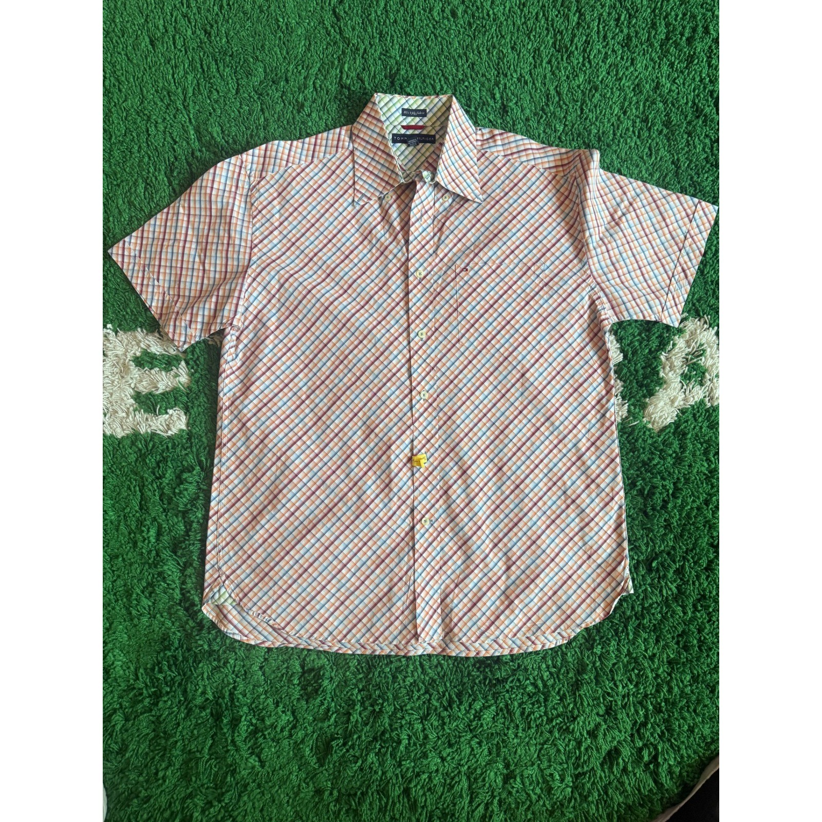 Tommy Hilfiger Mens Large Plaid Short Sleeve Button Down Shirt 80s 2-Ply Cotton