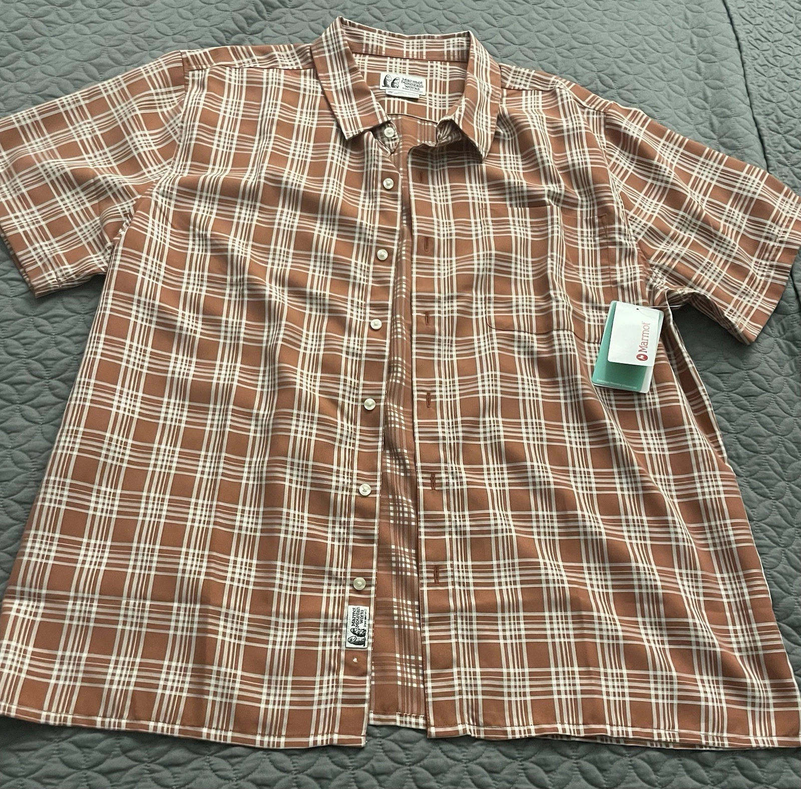 Marmot Mountain Works Orange Plaid Hiking Shirt 2XL Short Sleeve Outdoor