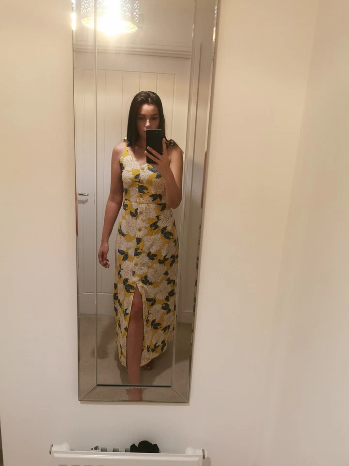 Monteau Los Angeles Yellow Floral Button Front Tie Shoulder Maxi Dress Preowned - Image 3 of 4