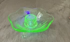 Fenton Lotus Six Petal 3-Footed Candle Holder 4.5in Green Uranium Depression