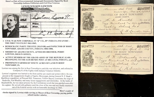 CIVIL WAR POW 89th INFANTRY SHERIFF MAYOR ROOT ADAMS Co LEWTON DOCUMENT SIGNED