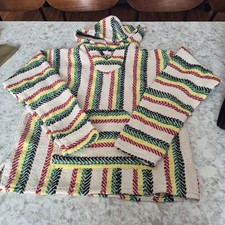 NEW Mexican Poncho Baja Hoodie Surfer Skater Drug Rug Pullover BEIGE RASTA M