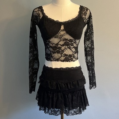 Off-Shoulder Sheer Lace Crop Top & Ruffle Skirt Set Black S Goth/Coquette Witchy
