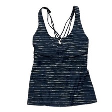 Title Nine Womens 36D Tankini Swim Top Black Blue Stripe Strappy Back Underwire