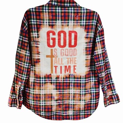 God Is Good All The Time Custom Upcycled Plaid Shirt, Women's S
