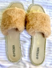 Prima Pink Fur Sandal/Slippers Rhinestone Trim Sz 9 Rubber Soles, Beach Couture