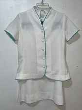 Vtg Lady Carol Skirt Suit Womens Small White Aqua Trim Textured Union Made USA
