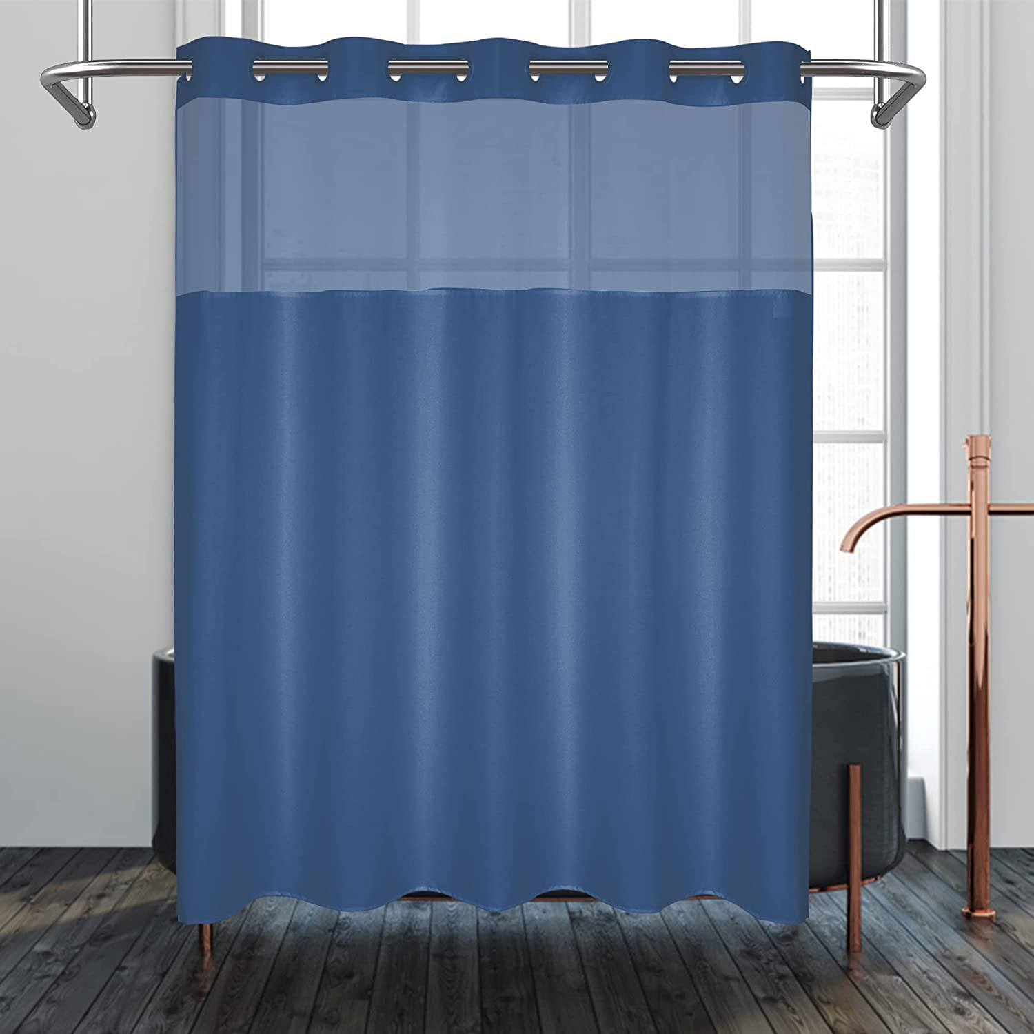 Navy Blue Fabric Shower Curtain or Liner with Sheer Window, No Snap in