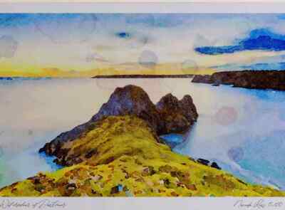 Gower Peninsula Three Cliffs Bay A3 Aquarell limitierte Auflage Druck