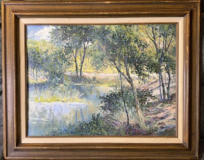ARNOLD VAIL -Texas, 1922-1995)- Stream W/Landscape Oil on Board-Signed 31 x 25 