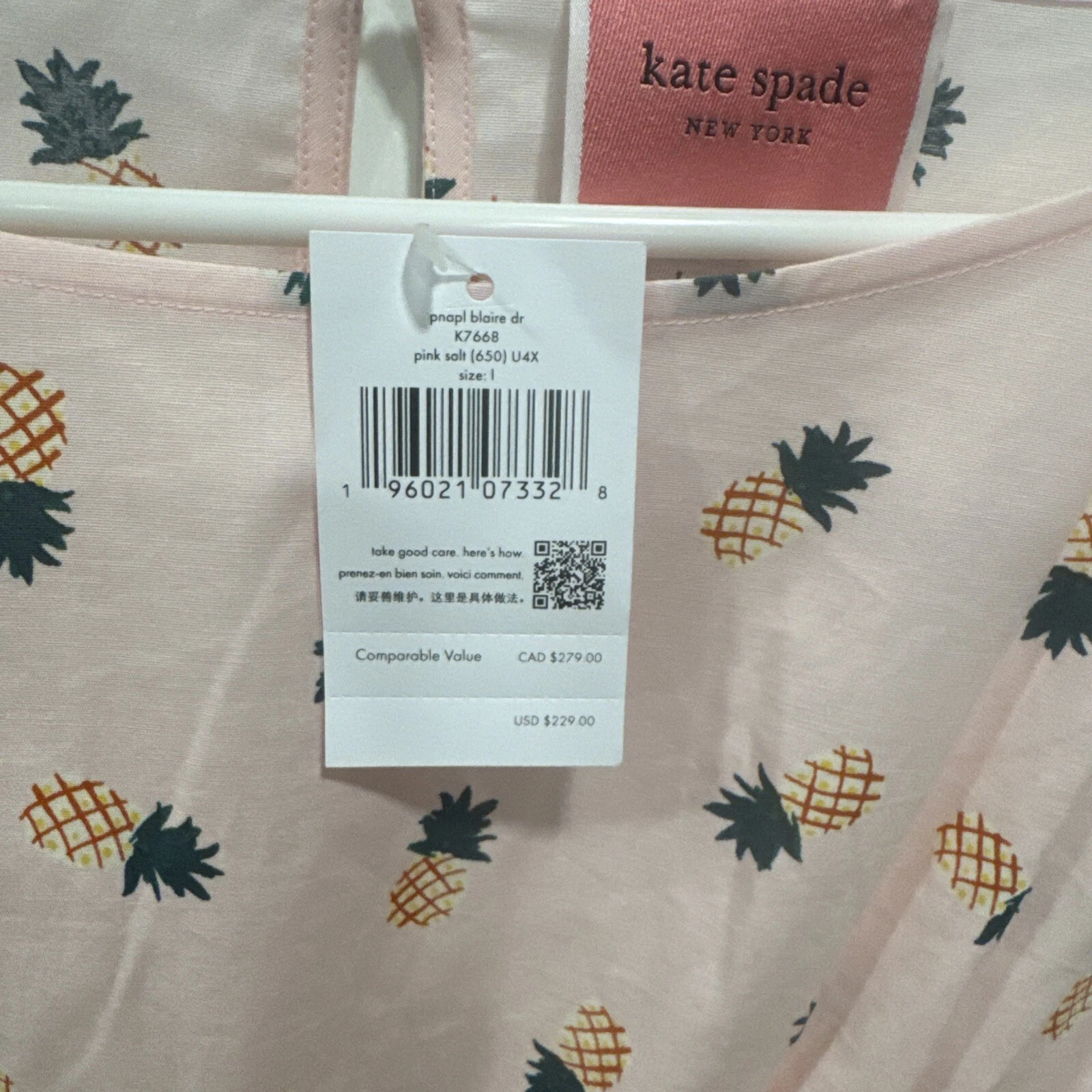 Abito Kate Spade Blair rosa stampa ananas vestito vita fumè tasche L nuovo