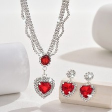 Red/Blue/Black Crystal Rhinestone Heart Necklace Earrings Jewelry Set