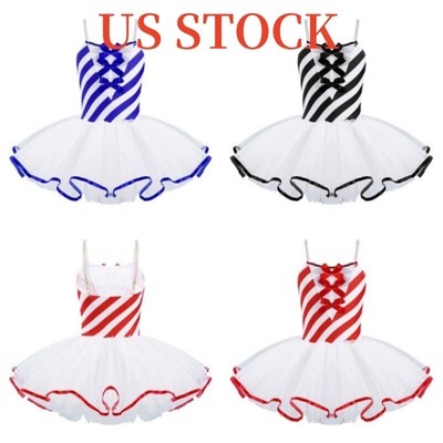 US Kids Girls Christmas Costume Bowknot Stripe Print Mesh Skirt Dance Costumes