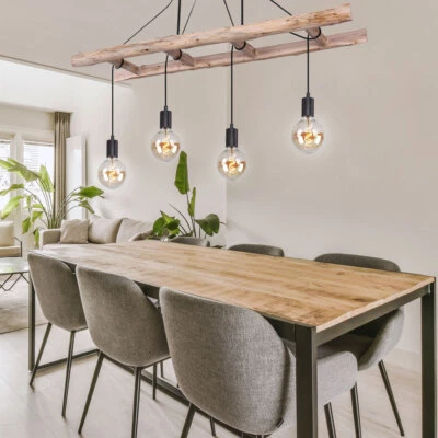 Hängeleuchte Pendelleuchte Esszimmerlampe Holz natur Leiter 4 Flammig E27 Retro - Bild 1 von 4