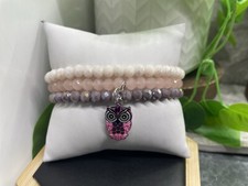3 PC Handmade Beaded Boho 6.5  Plus Stretch Charm Bracelet Owl B5049