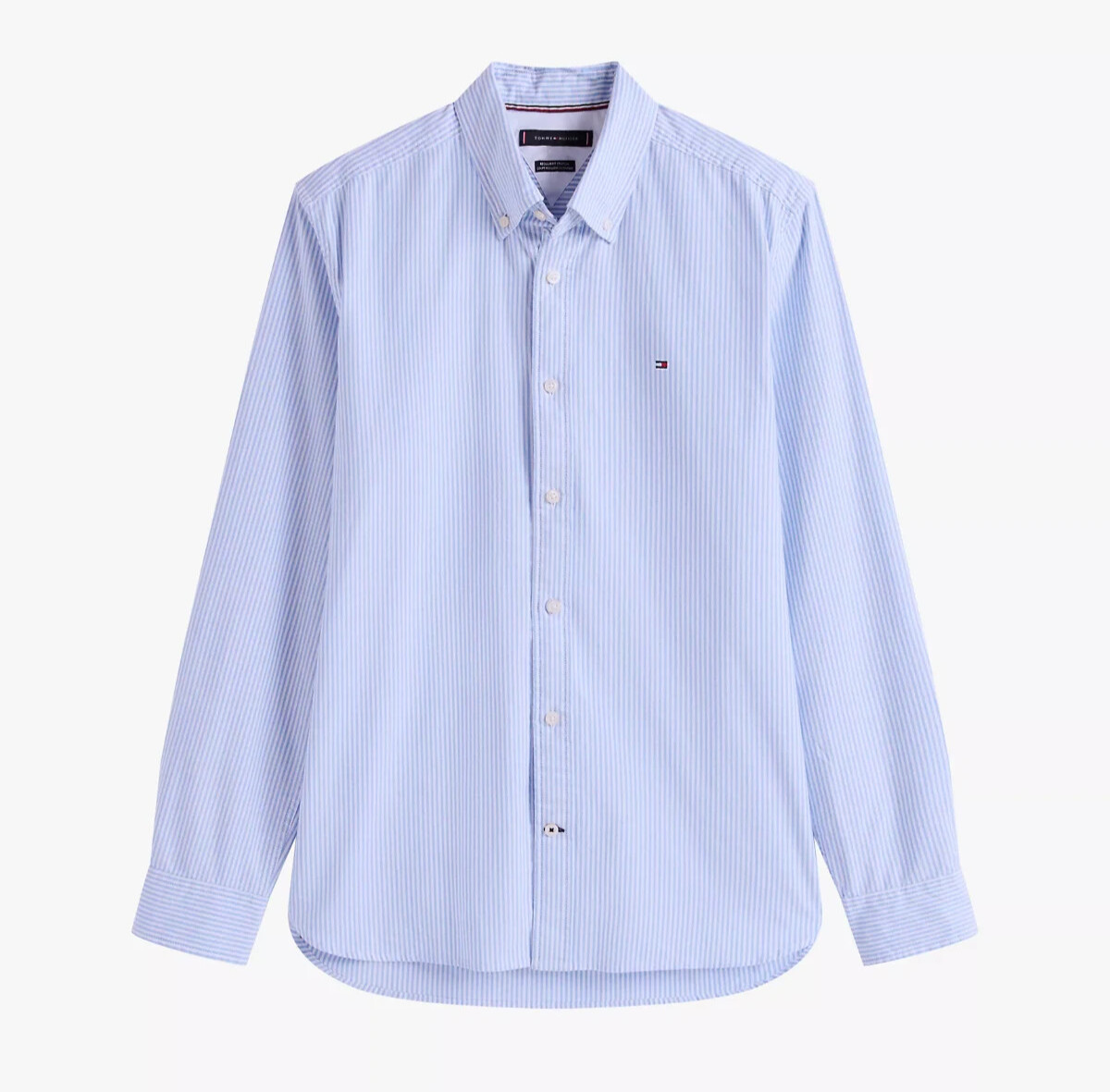 Tommy Hilfiger Men's Stretch Cotton Oxford White Blue Stripe Long Sleeve Shirt