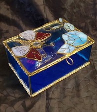 Handmade Stained Glass Jewelry Trinket Box Butterfly Rose Lead-free Hinged EUC
