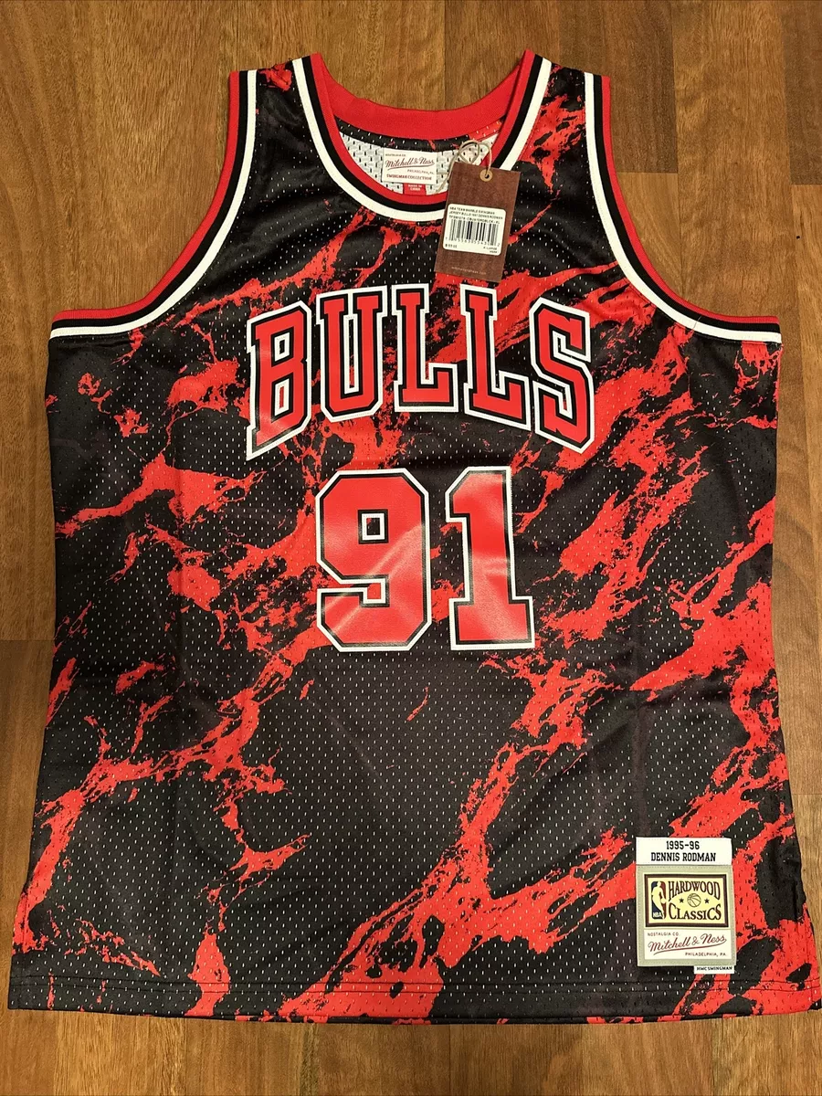 Men's Mitchell & Ness Dennis Rodman Black Chicago Bulls 1995-96 Hardwood Classics Marble Swingman Jersey, Size: XL