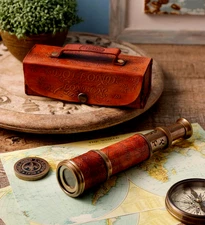 Nautical Vintage Brass Telescope & Leather Handheld Functional Antique Gift