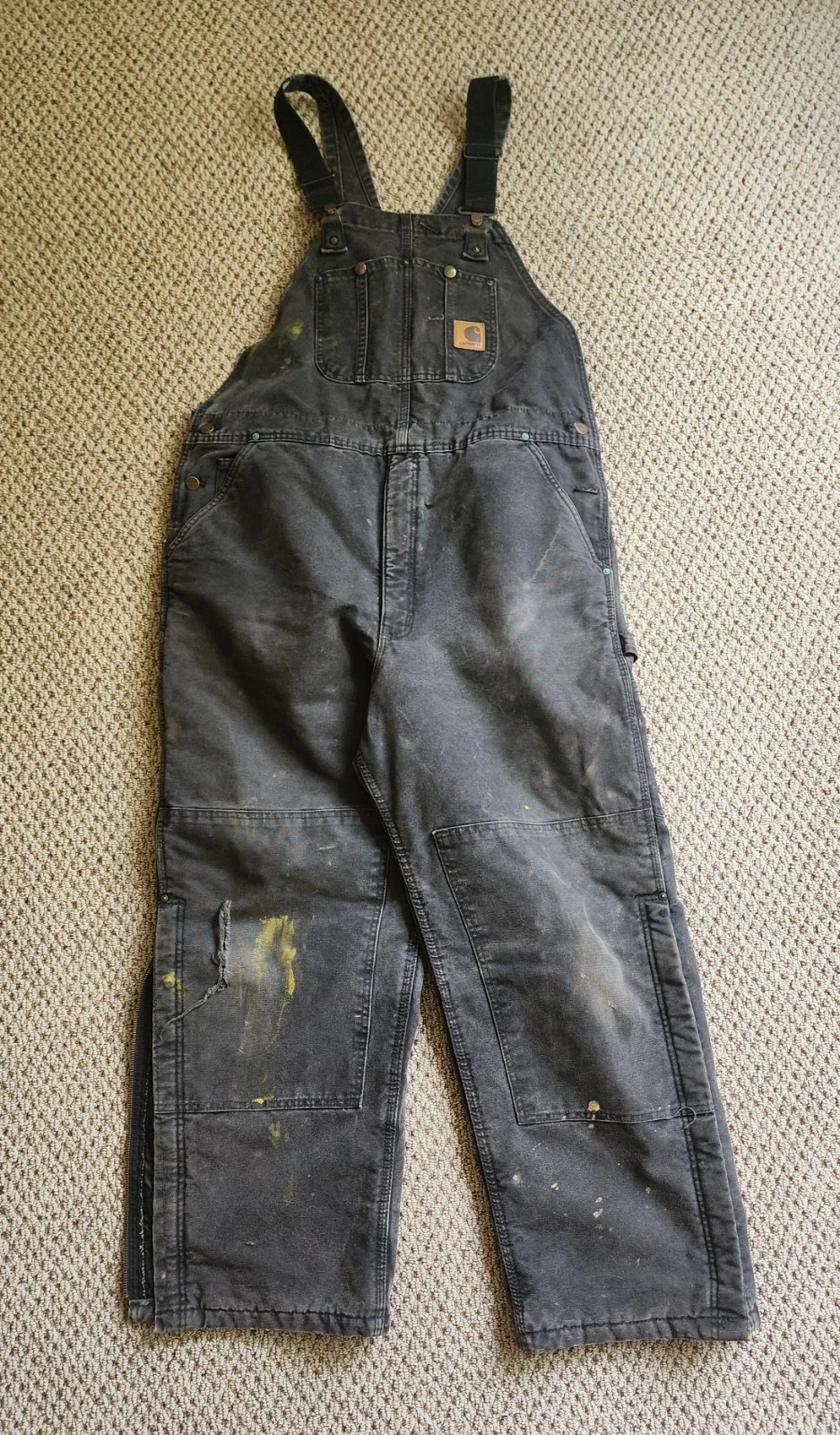 Carhartt R27 BLK Double Knee Bib Overalls Black Quilted Lined Work Men's 42 x 30
