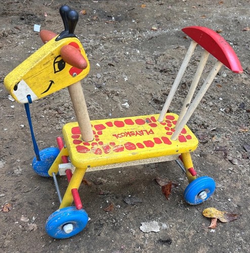 Vintage 1960s PLAYSKOOL Wooden Giraffe Ride On Scooter Riding Toy