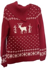 Eddie Bauer Sweater M Red Reindeer Split Cowl Neck Womens Granny Core Vintage