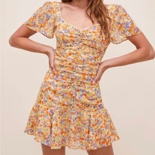 ASTR Ditsy Floral Mini Dress Sz Medium Ruched Coquette 70's Cottagecore Boho